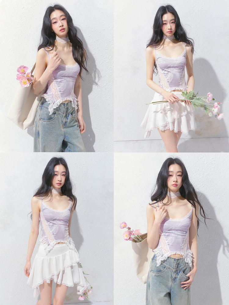 Printed Fitted Camisole With Lace Detail