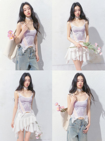 Printed Fitted Camisole With Lace Detail
