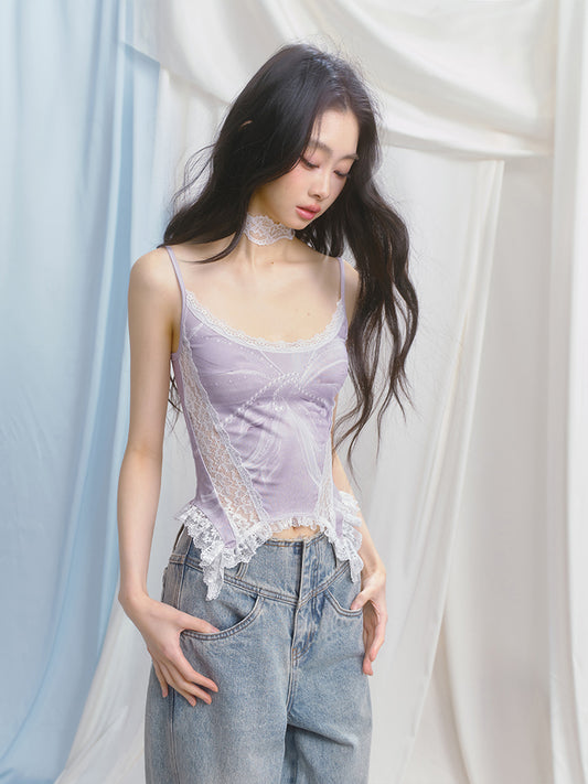 Printed Fitted Camisole With Lace Detail
