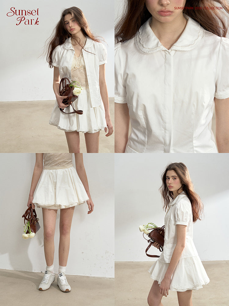 Scalloped Collar Blouse & Matching Mini Skirt