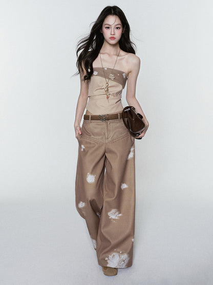 Asymmetric Foldover Floral Tube Top & Wide-Leg Pants