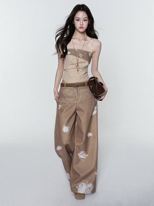 Asymmetric Foldover Floral Tube Top & Wide-Leg Pants
