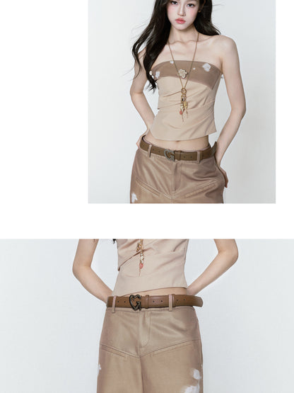 Asymmetric Foldover Floral Tube Top & Wide-Leg Pants