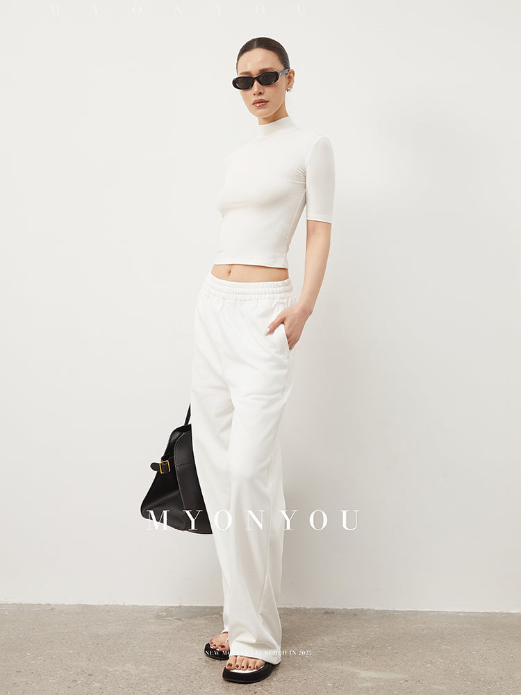 Basic High Neck Cropped Tee With Half Sleeves