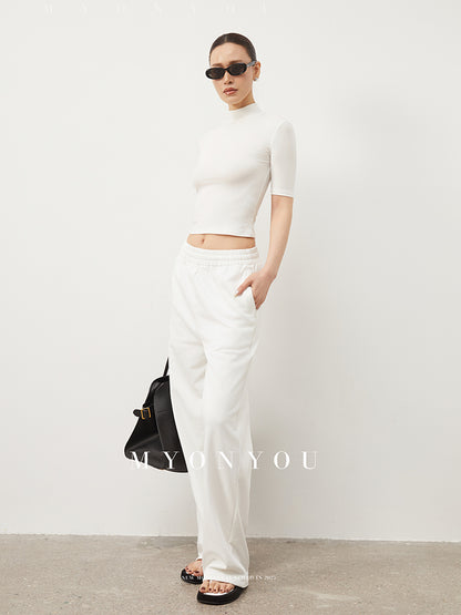 Basic High Neck Cropped Tee With Half Sleeves