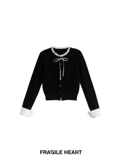 Cuffed Sleeve Ruffle Neck Cardigan & Skirt