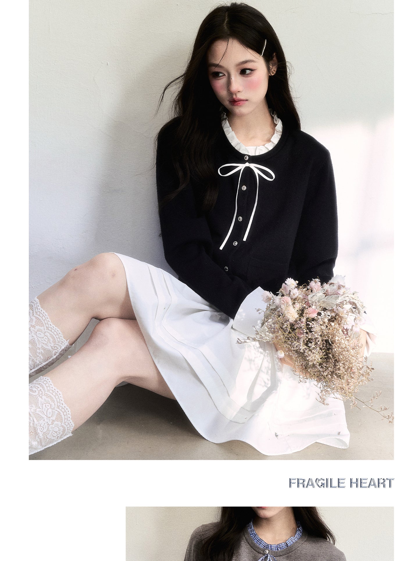 Cuffed Sleeve Ruffle Neck Cardigan & Skirt