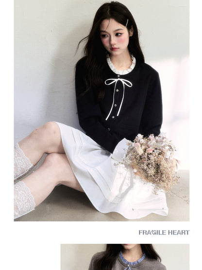 Cuffed Sleeve Ruffle Neck Cardigan & Skirt