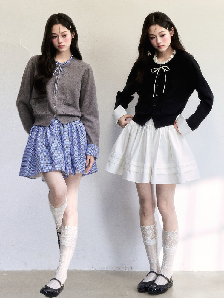 Cuffed Sleeve Ruffle Neck Cardigan & Skirt