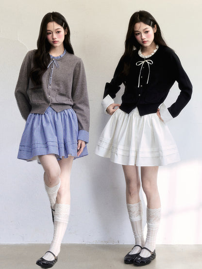 Cuffed Sleeve Ruffle Neck Cardigan & Skirt