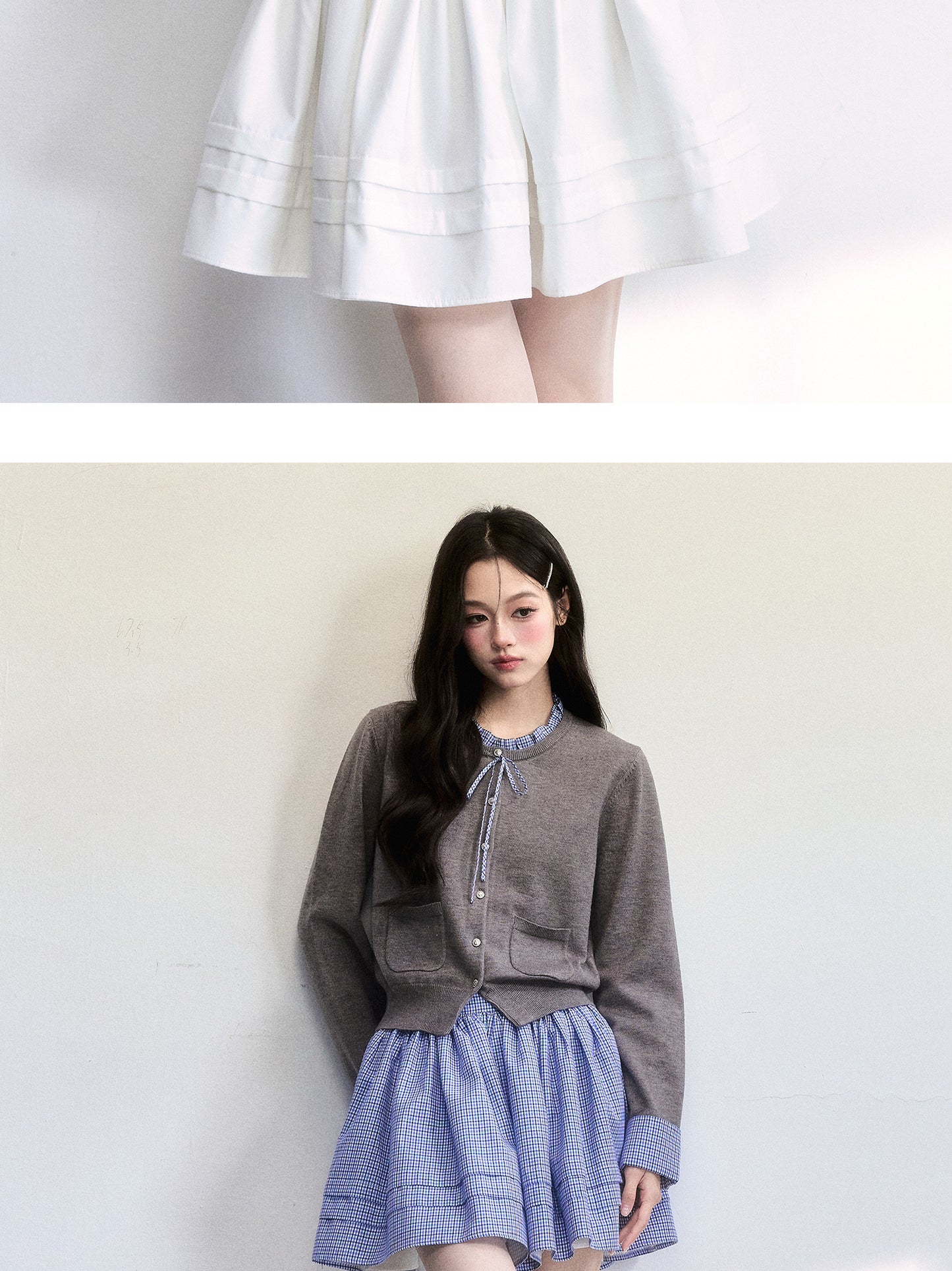 Cuffed Sleeve Ruffle Neck Cardigan & Skirt