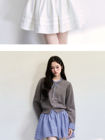 Cuffed Sleeve Ruffle Neck Cardigan & Skirt