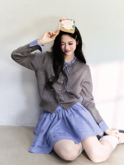 Cuffed Sleeve Ruffle Neck Cardigan & Skirt