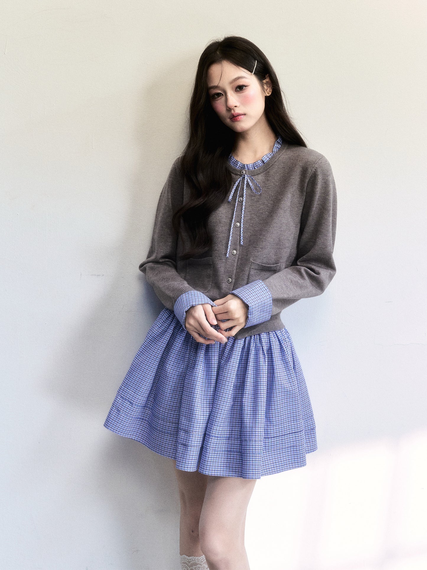 Cuffed Sleeve Ruffle Neck Cardigan & Skirt