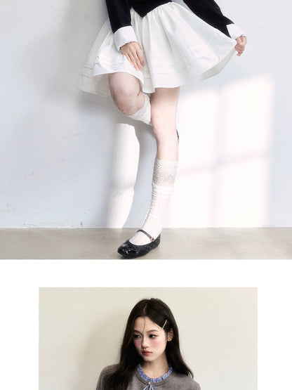 Cuffed Sleeve Ruffle Neck Cardigan & Skirt