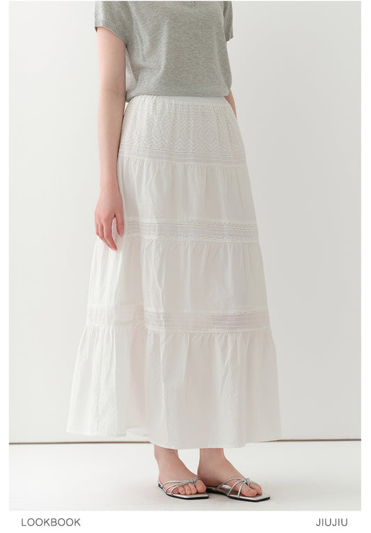 Embroidered Tiered Cotton Skirt With Elasticated Waist