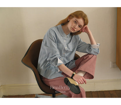 Contrasting Striped Round Collar Shirt