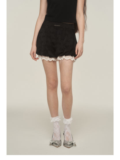 Bow Print Lace-Trimmed Bubble Shorts