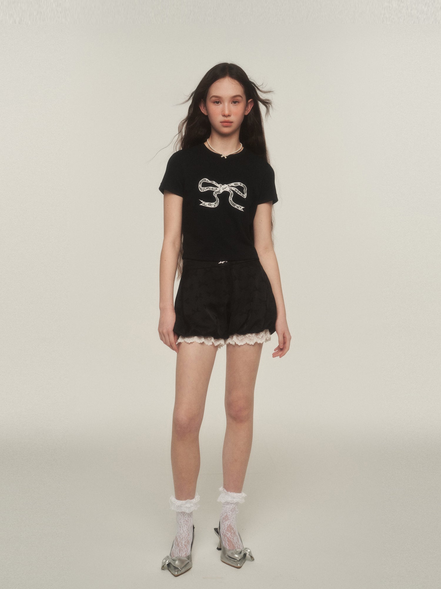 Bow Print Lace-Trimmed Bubble Shorts