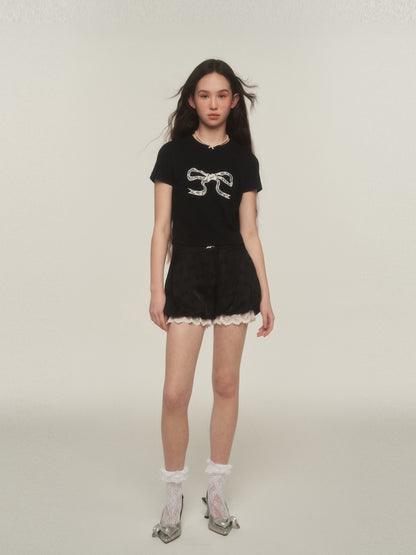 Bow Print Lace-Trimmed Bubble Shorts