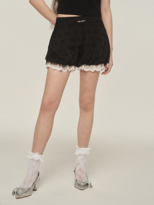 Bow Print Lace-Trimmed Bubble Shorts