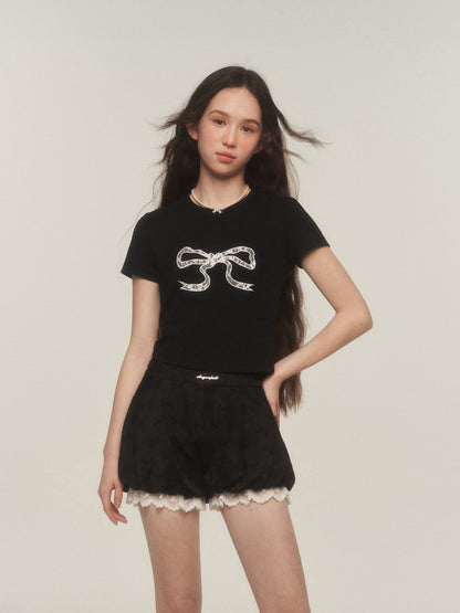 Bow Print Lace-Trimmed Bubble Shorts