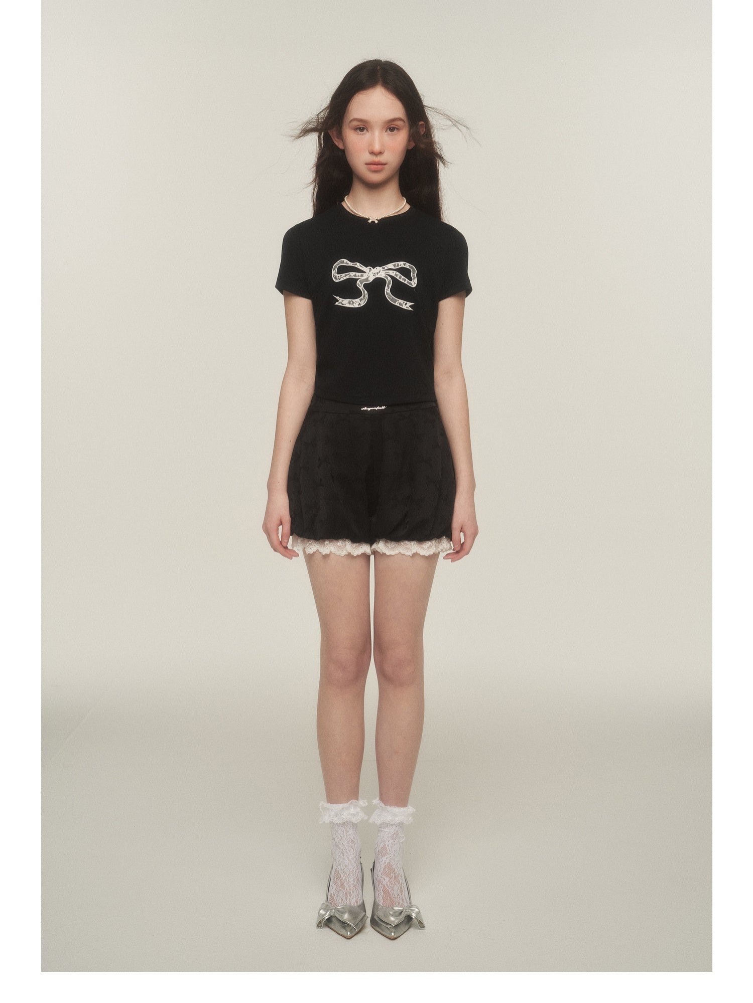 Bow Print Lace-Trimmed Bubble Shorts