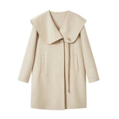 Wool Blend Large Collar Coat With Horn Accent