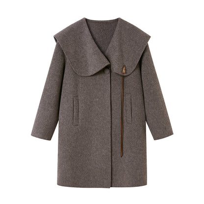 Wool Blend Large Collar Coat With Horn Accent