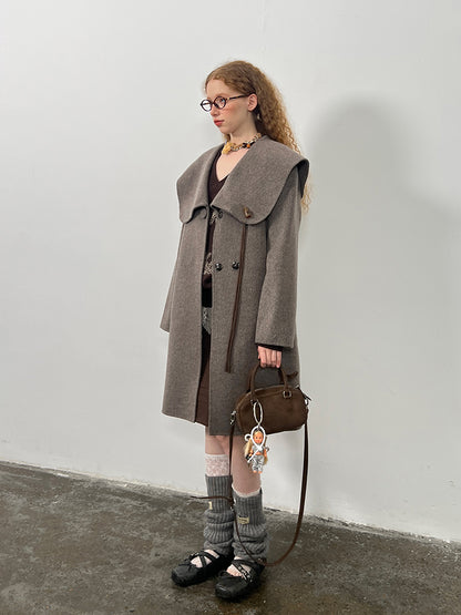 Wool Blend Large Collar Coat With Horn Accent