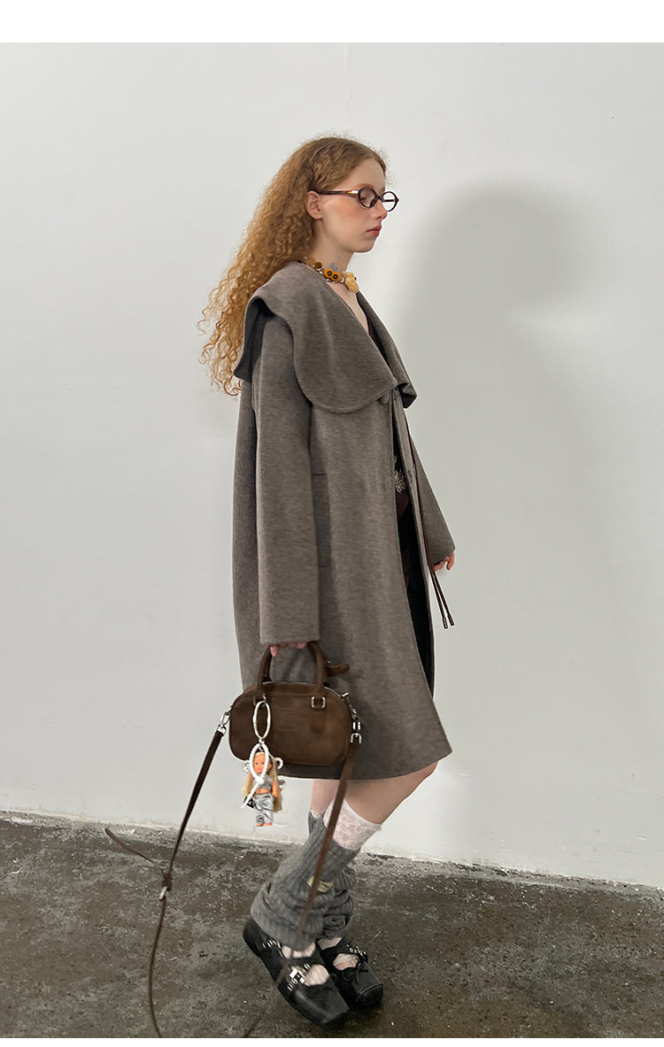 Wool Blend Large Collar Coat With Horn Accent