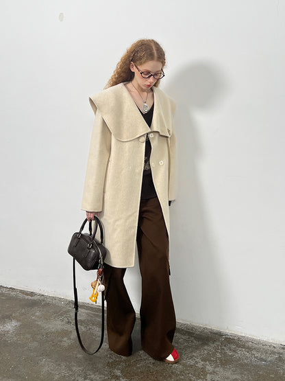 Wool Blend Large Collar Coat With Horn Accent