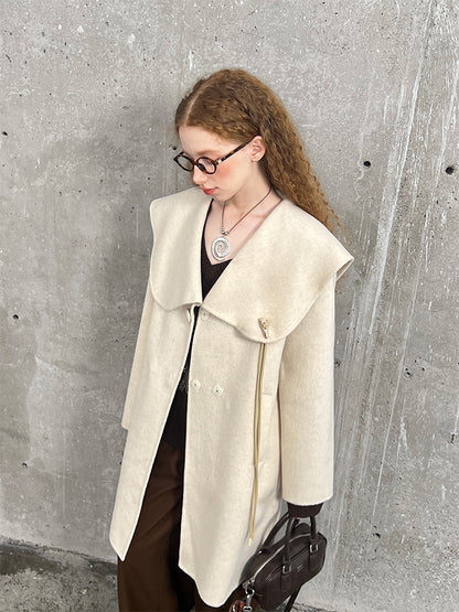 Wool Blend Large Collar Coat With Horn Accent