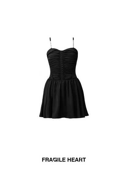 Two-Way Ruched Satin Zip-Up Dress With Chain Straps