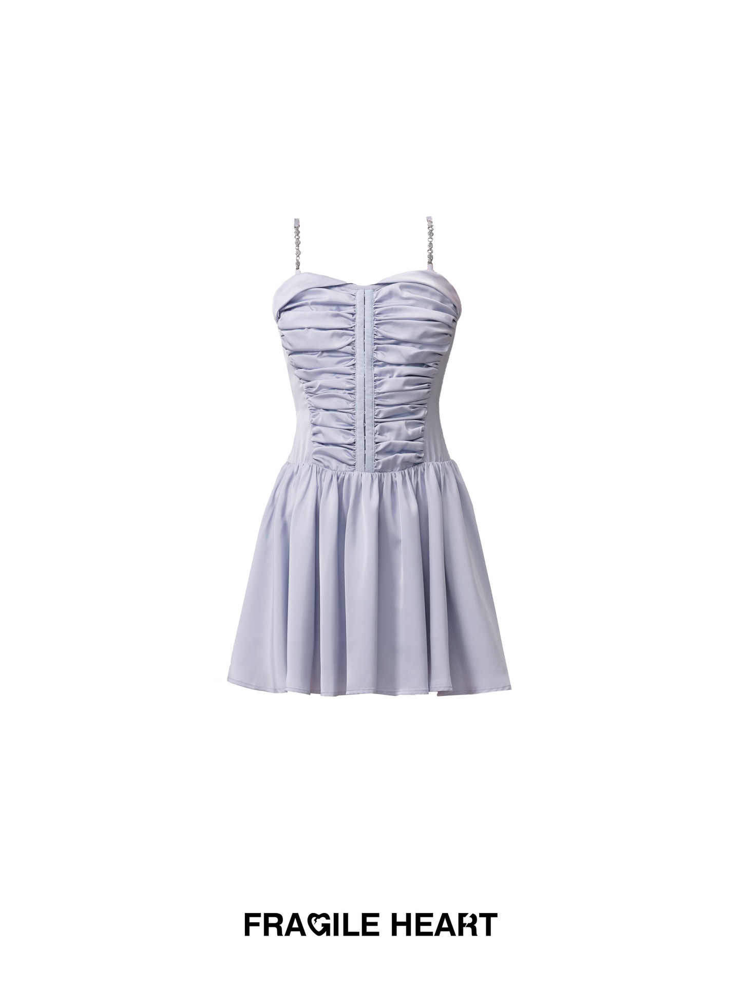 Two-Way Ruched Satin Zip-Up Dress With Chain Straps