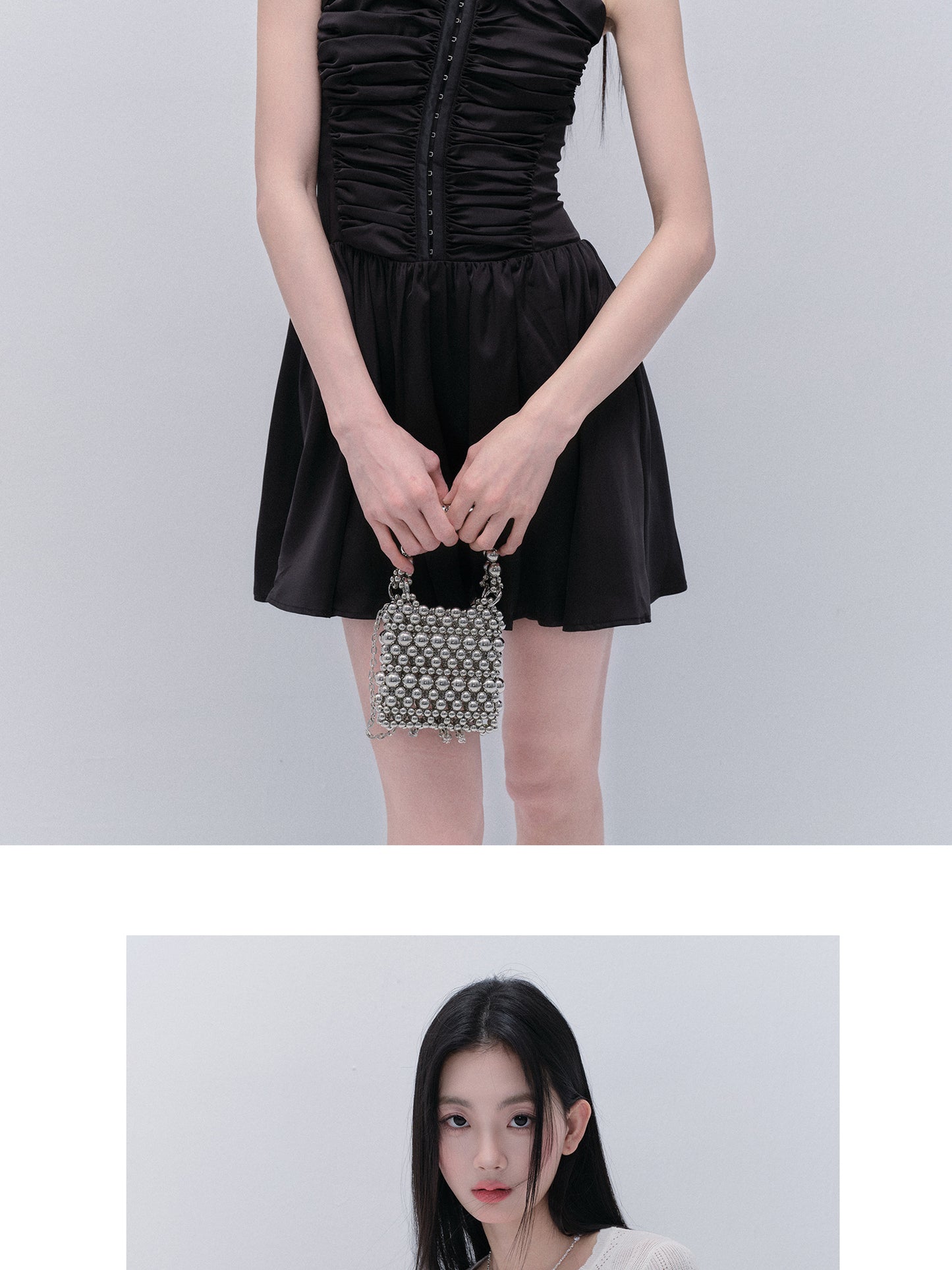 Two-Way Ruched Satin Zip-Up Dress With Chain Straps