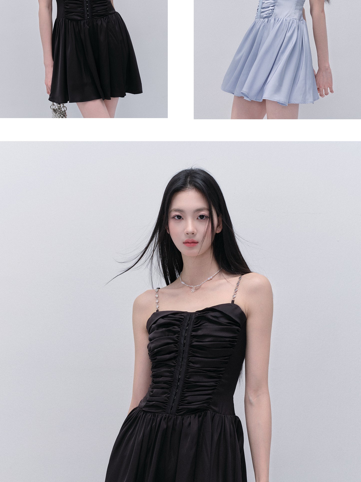 Two-Way Ruched Satin Zip-Up Dress With Chain Straps