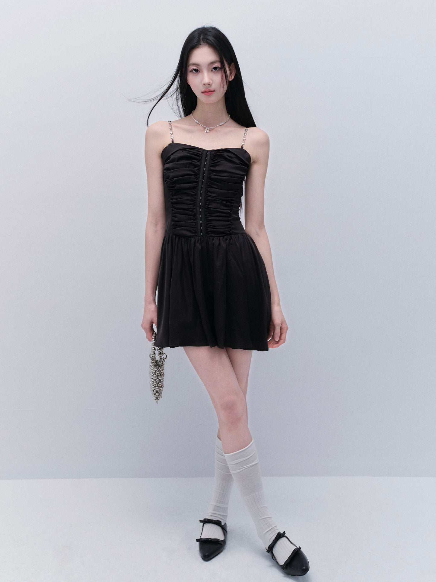 Two-Way Ruched Satin Zip-Up Dress With Chain Straps