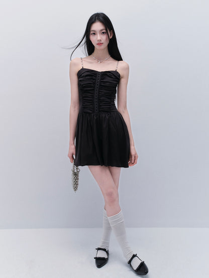 Two-Way Ruched Satin Zip-Up Dress With Chain Straps