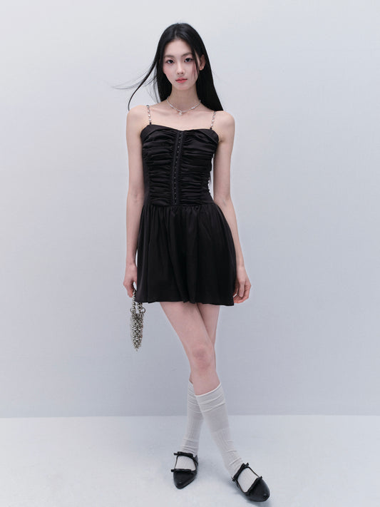 Two-Way Ruched Satin Zip-Up Dress With Chain Straps