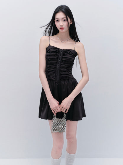 Two-Way Ruched Satin Zip-Up Dress With Chain Straps