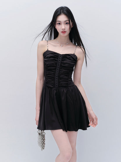 Two-Way Ruched Satin Zip-Up Dress With Chain Straps