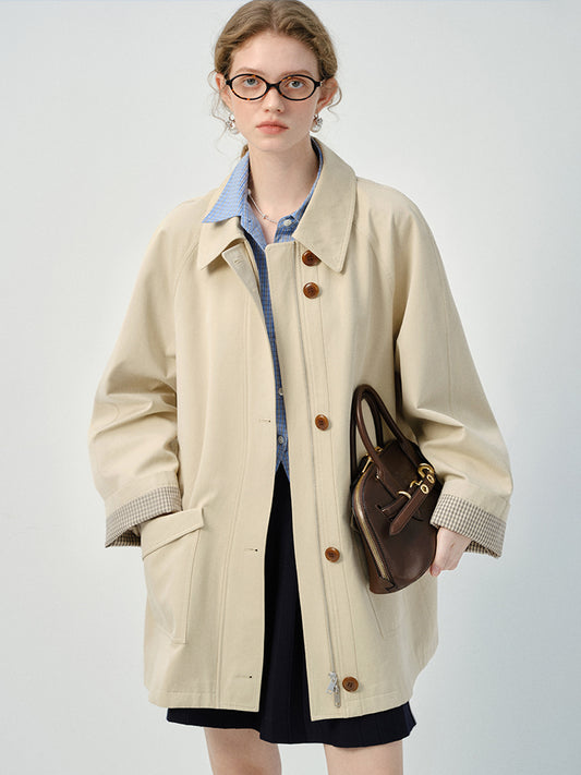 Minimalist Dual Closure Jacket With Plaid Cuffs