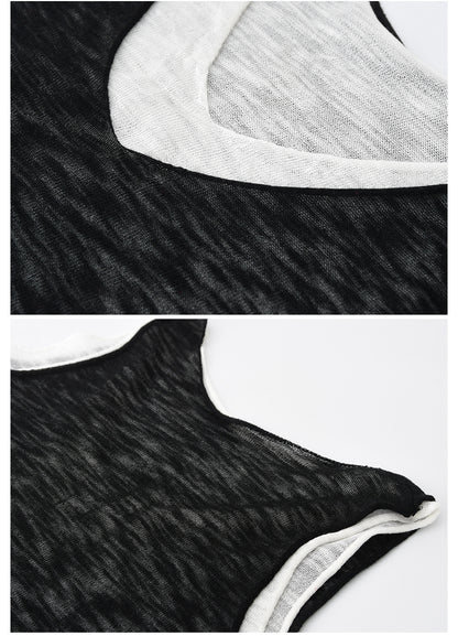 Layered Sheer Knit Sleeveless Top With Rolled Hem