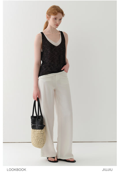 Layered Sheer Knit Sleeveless Top With Rolled Hem