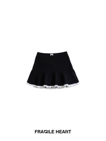 Wool-Blend Flared Peplum Skirt With Lace Trim