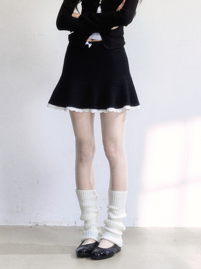 Wool-Blend Flared Peplum Skirt With Lace Trim