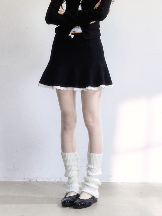 Wool-Blend Flared Peplum Skirt With Lace Trim