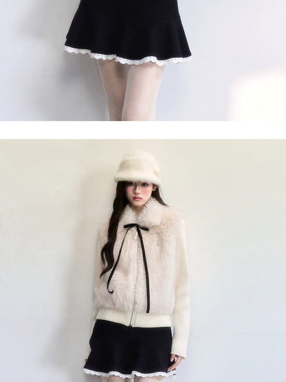 Wool-Blend Flared Peplum Skirt With Lace Trim