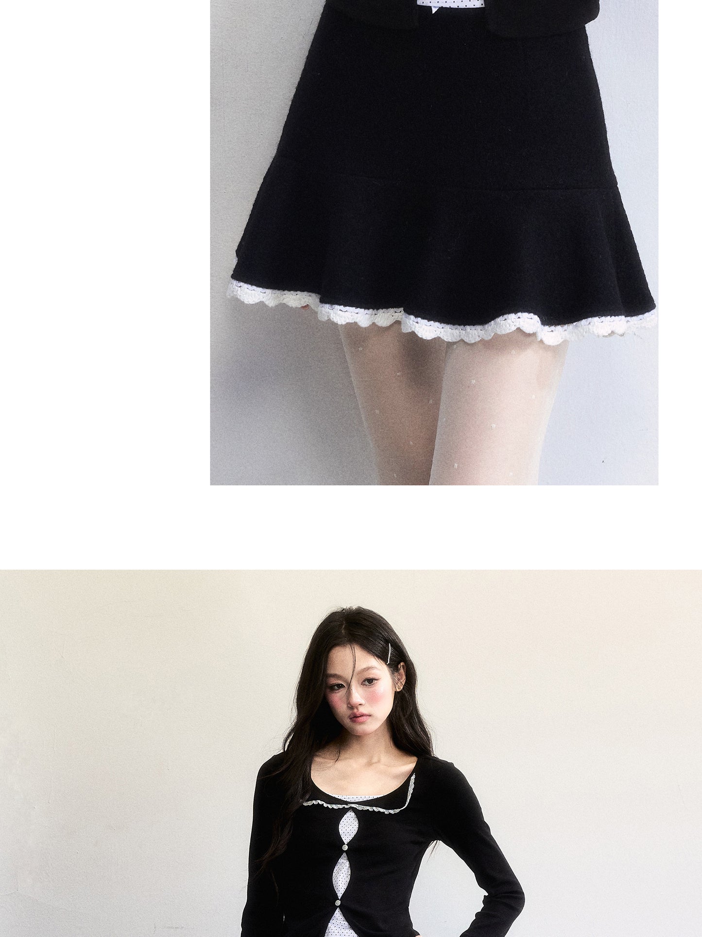Wool-Blend Flared Peplum Skirt With Lace Trim
